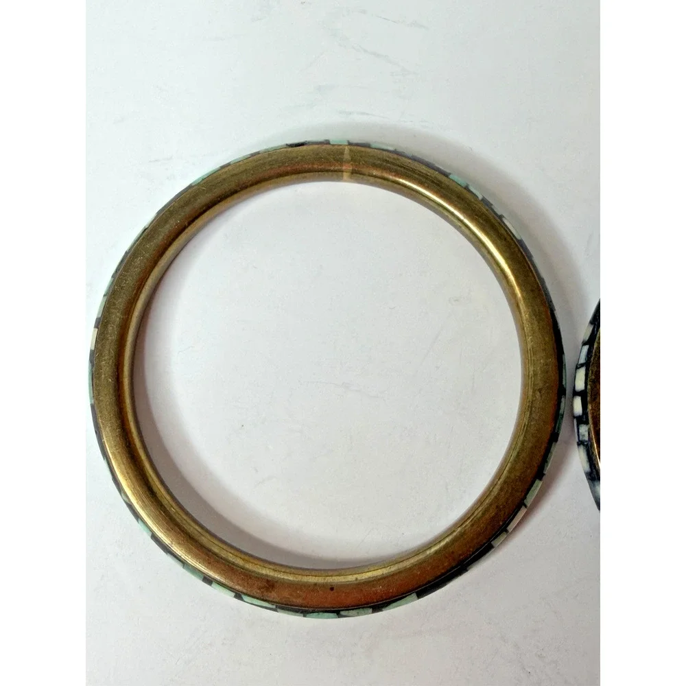 Mosaic Inlay Stone Tile Bangle Bracelet Pair Brass Tone Green Cream Southwestern